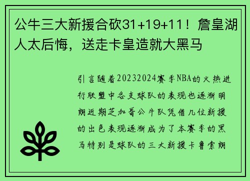 公牛三大新援合砍31+19+11！詹皇湖人太后悔，送走卡皇造就大黑马