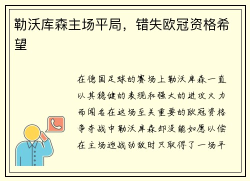 勒沃库森主场平局，错失欧冠资格希望