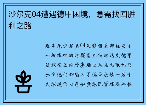 沙尔克04遭遇德甲困境，急需找回胜利之路