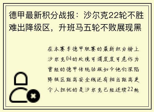 德甲最新积分战报：沙尔克22轮不胜难出降级区，升班马五轮不败展现黑马风采