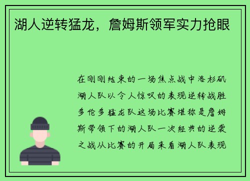湖人逆转猛龙，詹姆斯领军实力抢眼