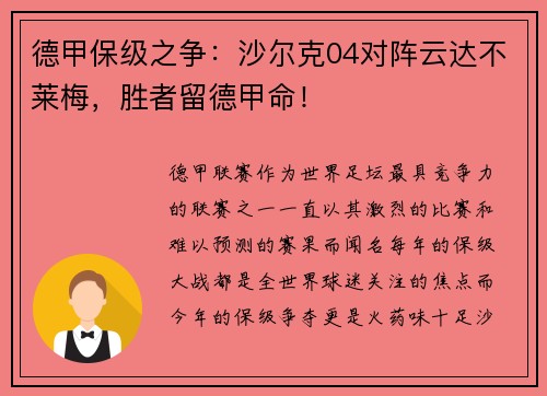 德甲保级之争：沙尔克04对阵云达不莱梅，胜者留德甲命！