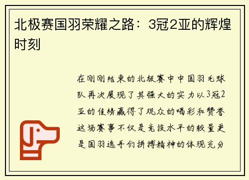 北极赛国羽荣耀之路：3冠2亚的辉煌时刻