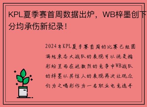KPL夏季赛首周数据出炉，WB梓墨创下分均承伤新纪录！