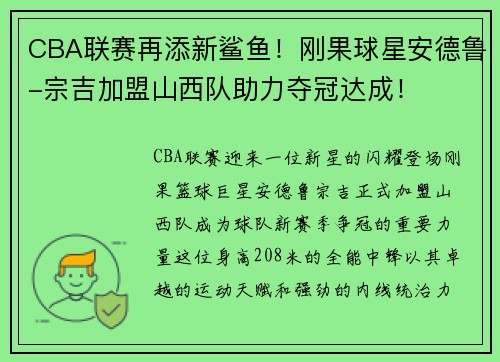 CBA联赛再添新鲨鱼！刚果球星安德鲁-宗吉加盟山西队助力夺冠达成！