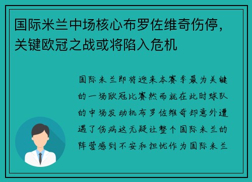 国际米兰中场核心布罗佐维奇伤停，关键欧冠之战或将陷入危机