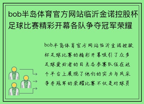 bob半岛体育官方网站临沂金诺控股杯足球比赛精彩开幕各队争夺冠军荣耀