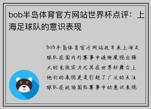 bob半岛体育官方网站世界杯点评：上海足球队的意识表现
