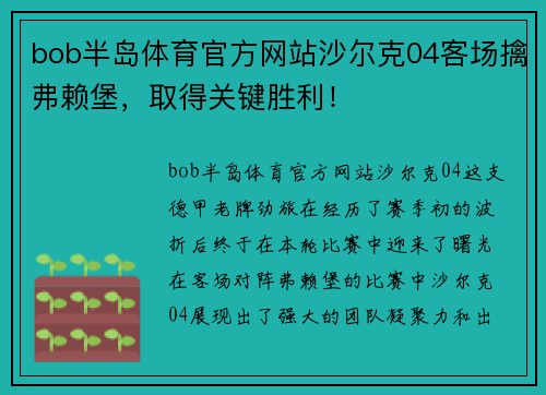 bob半岛体育官方网站沙尔克04客场擒弗赖堡，取得关键胜利！