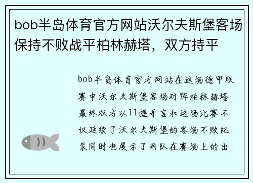 bob半岛体育官方网站沃尔夫斯堡客场保持不败战平柏林赫塔，双方持平