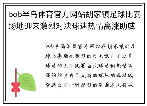 bob半岛体育官方网站胡家镇足球比赛场地迎来激烈对决球迷热情高涨助威球队奋勇争先